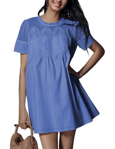Image of Womens Summer Lace Mini Babydoll Dress Ruffled Collar Short Sleeve Loose Mesh Swing Elegant Flared Sundress