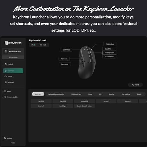 Image of Keychron M3 Mini Wireless Optical Mouse, Bluetooth 5.2 /2.4 GHz /Wired Gaming Mouse, Programmable PixArt 3311 Sensor with up to 12,000 DPI / 300 IPS, Lightweight Ergonomic for Windows Mac Linux - Black