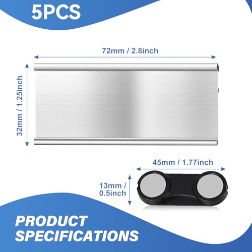 5 Stück Aluminium Namenschilder mit Starkem Doppelmagnet, Namensschilder für Kleidung Magnet mit Sicherheitsnadeln,Professionell Magnet Namensschild mit Papierschlitz,Ca. 72x 35 mm