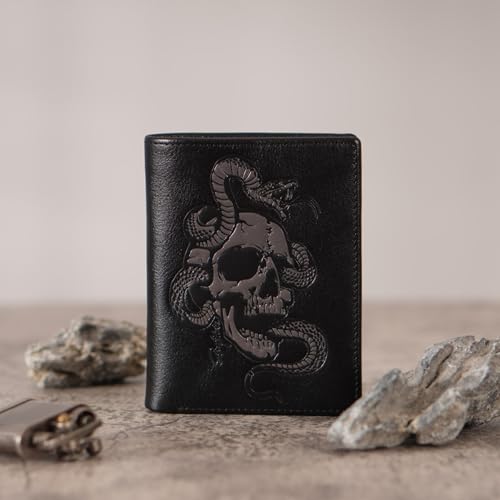 Skull Wallets For Men,Cool Mens Wallet Leather,Vertical Bifold RFID Blocking Wallets,Gifts for Him Husband and Boyfriend Gift (Black)2