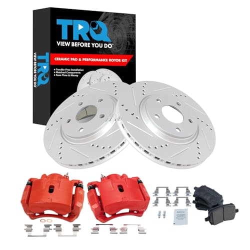 Image of TRQ Performance Front Brake Pad and Rotor Set Ceramic Coated Drilled | For 2007-2012 Chevrolet Malibu 2007-2010 Pontiac G6 2007-2009 Saturn Aura