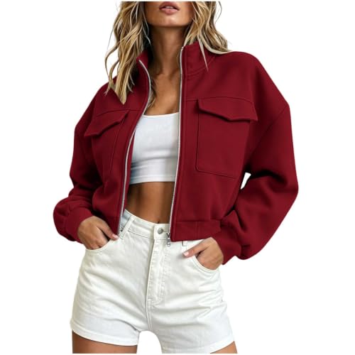 Womens Cropped Bomber Jackets Casual Long Sleeve Oversized Sweatshirt Red