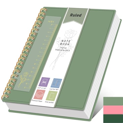 XLOXFU Cuaderno A4 para mujeres y hombres, 300 páginas, cuaderno de notas en espiral con rayas universitarias, 100 g/m², con marcapáginas, bolsillo interior, PVC grueso de los años 80, para escuela