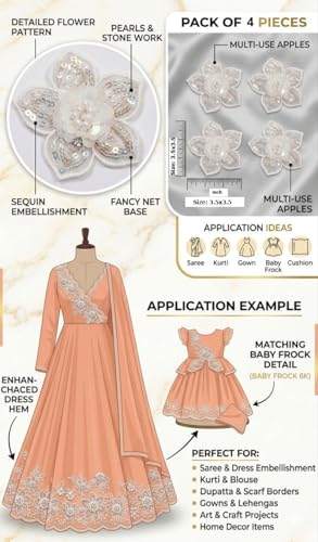 Image of White Flower Applique Patch Embroidered - Pearl Stone & Zardosi Sequins Work on Fabric, 3.5.x3.5 Inch, Pack of 4 - Perfect for Sarees, Dresses, Dupattas & Crafts