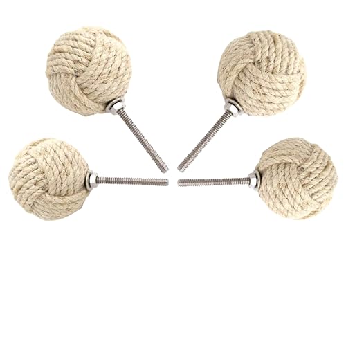 Jute Rope Door Knobs - Off White Pull and Push Handle Knobs for Cabinets, Wardrobes & Cupboards - Nautical Handmade Jute Ropes Door Knobs/Rope Knot Drawer Pulls - Home Decor Gifts (Set Of 4)