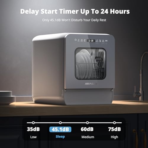 AIRMSEN Portable Countertop Dishwasher with 5L Water Tank, Mini Dishwasher with 14” Ultra-Narrow Design, 7 Programs, 24H Delay Start & 360° Dual Spray, No Hookup Needed, C01