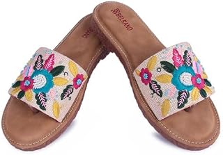 BELRANO Women’s Embroidered Slide Sandals | Floral Beaded Slip-On Flats with Cushioned Footbed | Boho Summer Open Toe Slip... Price In India