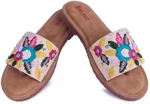 BELRANO Women’s Embroidered Slide Sandals | Floral Beaded Slip-On Flats with Cushioned Footbed | Boho Summer Open Toe Slip...