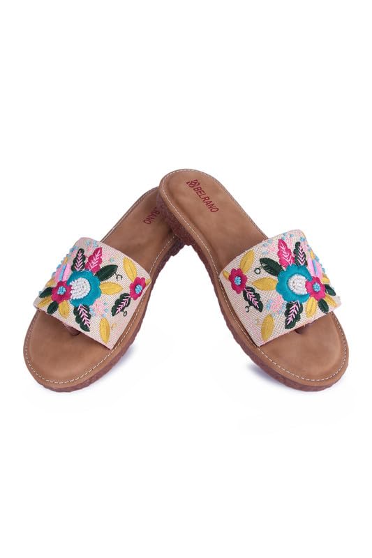 BELRANO Women’s Embroidered Slide Sandals | Floral Beaded Slip-On Flats with Cushioned Footbed | Boho Summer Open Toe Slip... - Review, Price and Buying Guide