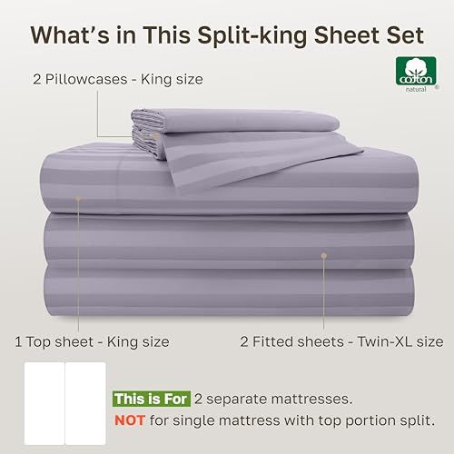 Image of Luxury Split King Adjustable Bedsheets, Soft 100% Cotton, 500 Thread Count Sateen, Snug Fit, Set With Twin-XL Fitted Sheets, Sheets For Bed In Damask Stripe (Split King, Stripe - Lavender)