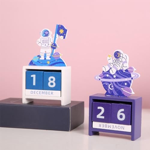 NUZAMAS Calendário de mesa, blocos de mesa de madeira, espaço, calendário de mesa perpétuo, astronau