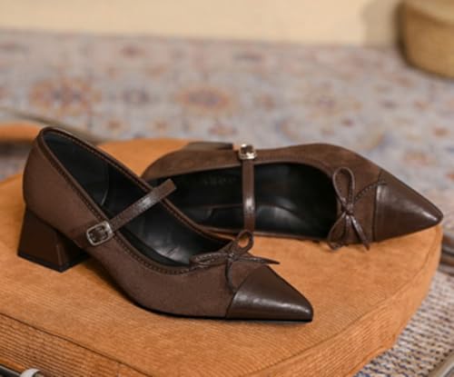 Women's Pointed Closed Toe Mary Jane Shoes with Bowknot Vintage Patchwork Chunky Heels Wedding Dress Shoes4