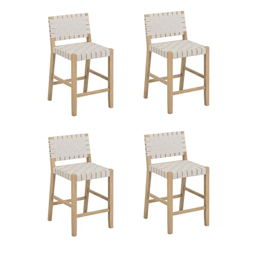 Image of Nathan James Cohen Mid Century Modern Bar Stool, Upholstered Faux Leather Counter Stool with Back and Solid Wood Legs, White, Set of 4