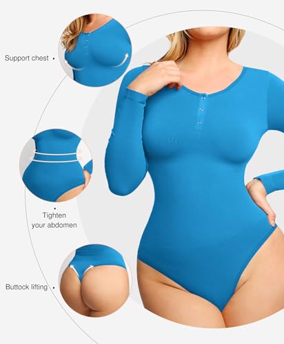 Image of Popilush Long Sleeve Shapewear Bodysuit Tummy Control Henley Button Up Modal Scoop Neck Body Suit Tank Tops