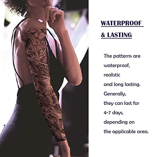 2 Sheets Temporary Tattoos, Extra Large Full Arm Fake Tattoos, Cool Waterproof Tattoo Stickers, Body/Leg/Arm Makeup Lasting Tattoos Sleeve For Adult/Man/Women, Fashion Black Japanese Demon Ukiyoe 3D Realistic Tattoo #TOP3