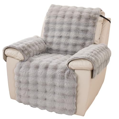 vctops Faux Fur Fluffy Recliner Chair Slipcover Faux Rabbit Fur Non Slip Sofa Cover Super Soft Plush Thick Couch Cover Furniture Protector with Elastic Straps for Kids, Dogs, Pets(Light Grey,24")