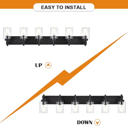 VINLUZ 6-Light Bathroom Vanity Light Fixture Black Modern Wall Lighting with Clear Glass Shade Industrial Sconces Wall Mounted Lamp for Kitchen Dining Room (Patent No.: US D958,438 S) by VINLUZ - Used condition - Image 6