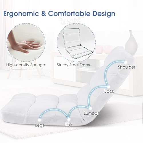 Image of COSTWAY Floor Chair, Video Gaming Chairs with Back Support, Adjustable 14-Position, Alloy Steel Frame, Soft Coral Fleece, Lazy Sofa Lounge for Reading Living Room Recliner for Adults Kids (White)