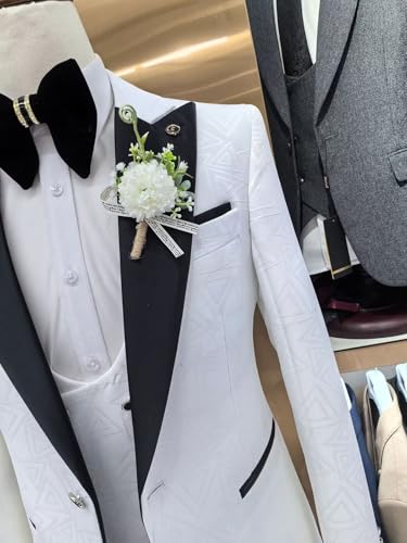 Men's Suits Slim Fit 3 Piece Set White Jacquard Classic Wedding Blazer Vest Pants Formal Tuxedo for Groomsman4