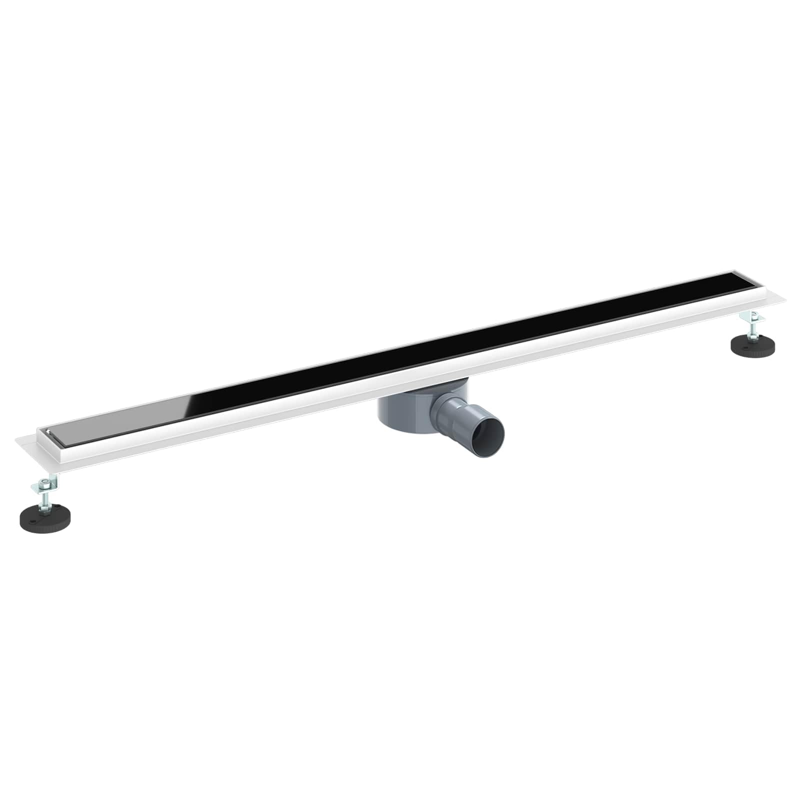Canalina per doccia in acciaio inox, 100 cm, nera, con copertura in vetro, sifone girevole a 360°, scarico a pavimento per docce senza barriere, con piedini regolabili in altezza