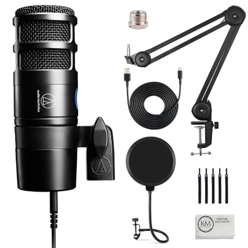 Audio-Technica AT2040USB Hypercardioid Dynamic USB Podcast Microphone Bundled with Pop Filter + Boom Arm + Cleaning Cloth (4 Items)