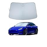 Windshield Sun Shade for Tesla Model Y & Model 3 – Custom Fit Front Window Sunshade, Blocks 99% UV & Heat, Reflective, Mirror Cut-Out Design, Foldable & Fade-Resistant, Keeps Interior Cool