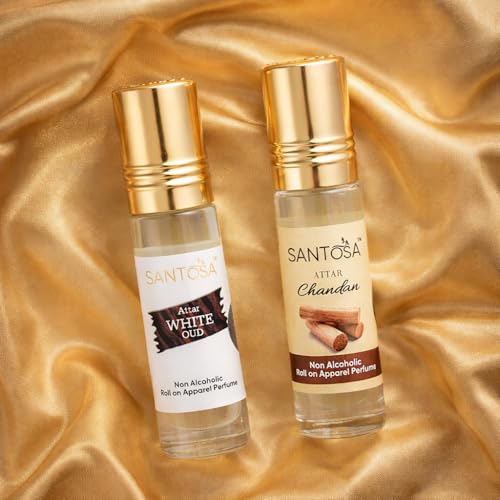 Image of Santosa Chandan & White Oud Attar - 2 x 6ml Alcohol-Free Roll-On Perfumes - Long-Lasting Sandalwood & Woody Oud Itra for Men & Women - Natural Fragrance Gift Set