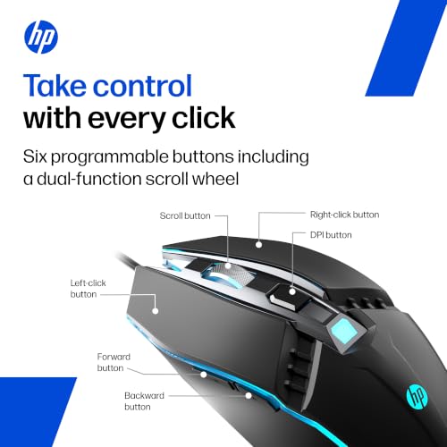 Image of HP M370 Wired Gaming Mouse with RGB Lighting; 7200 DPI; 6 Buttons; Ergonomic Desing for Professional Gamers; 1 Year Warranty; Black; 0.129kg (D69ZRAA)