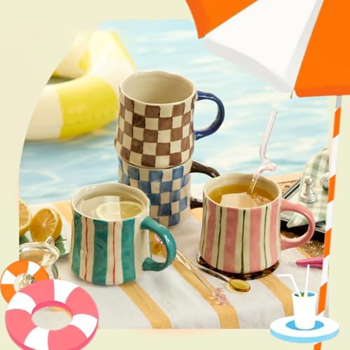 DELIGHTS GALORE Retro Checkered Ceramic Coffee Mug 16Oz - Extra Large Handle, Microwave Safe Vintage Patterned Tea Cup for Home-4pack
