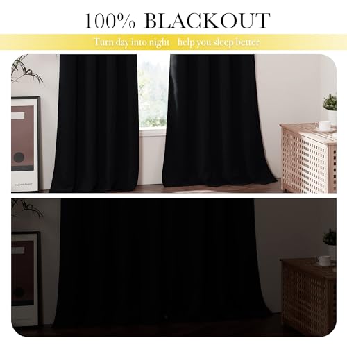 Image of NICETOWN 100% Blackout Curtain Set, Thermal Insulated & Energy Efficiency Window Draperies with Same Color Liner, Noise Reducing Short Curtains for Living Room (Jet Black, 42 inch W x 63 inch L, 2 Panels)