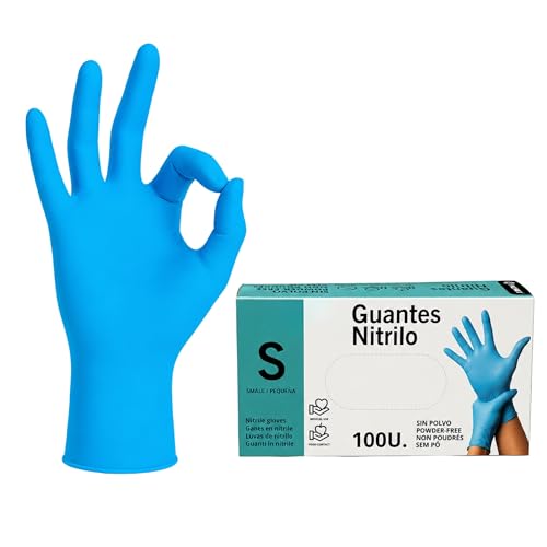 Guantes nitrilo desechables quirurgicos, alimentación, taller, industria y montaje, 100% Libres de Latex, polvo y agentes alergénicos, Diseño Ambidiestro, Un solo uso, Pack 100 unidades, Talla S, azul