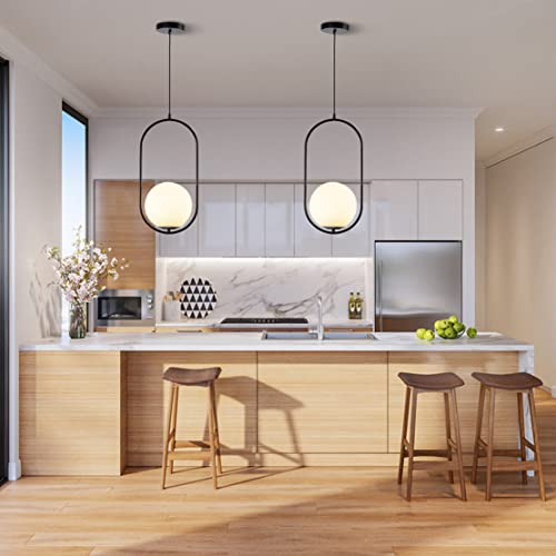 Image of Modern Black Globe Pendant Light Set of 2 Frosted Glass Shade Geometric Hanging Fixture Indoor Adjustable Hanging Pendant Lamp Spherical Lighting for Kitchen Island Bedroom