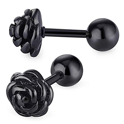 YZstyle 16G Flowers Surgical Steel Earrings Studs for Womens Gold Black Cartilage Piercing Jewelry (BlackER0020)