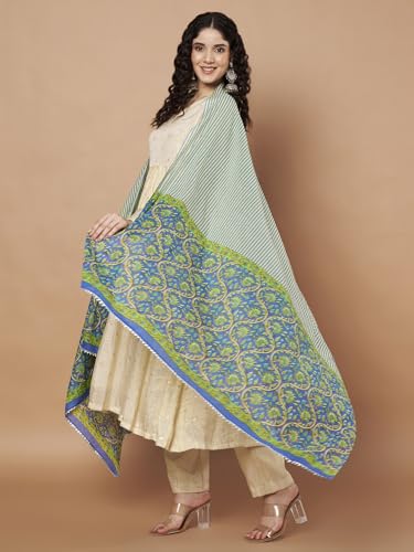 Image of Women's Striped Pattern Pure Cotton Jaipuri Printed Dupatta Lightweight Soft Comfortable Traditional Design