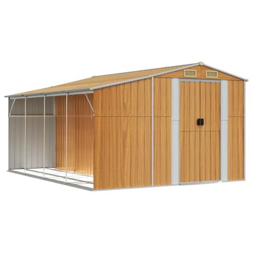 vidaXL Gerätehaus, Gartenhaus mit Schrägdach Griffe, Gartenschuppen Schuppen mit Stauraum, Geräteschuppen Metallschuppen, Hellbraun 277x365,5x179 cm Verzinkter Stahl