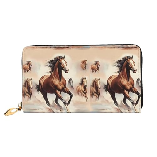 Prancing Brown Horse Women's Wallet Long Zip Around, Premium Vegan Leather Wallet with 12 Card Holders, Large Capacity,Gift Ready Packaging