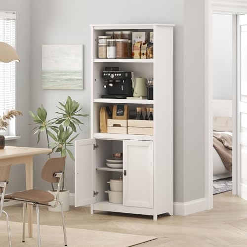 Image of Furinno Robin 5-Tier Storage Cabinet, 2 Door Pantry Cabinet, Plain White