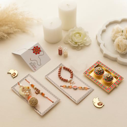 Image of Premium Handmade Designer Rakhi Set for Brother and Bhabhi Adjustable Couple Rakhi with Roli Chawal & Nariyal