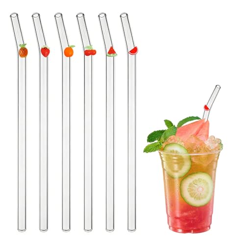 Image of 6 Pcs Glass Straws 20cm/7.87inches Reusable Bent Clear Glass Straw with Fruit Charms Cute Drinking Straws for Smoothies Cocktails Juice Coffee Milkshakes