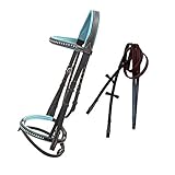 ExionPro Blue Bling Browband and Snaffle Noseband with Blue Soft Padded Leather Jumping Bridle with