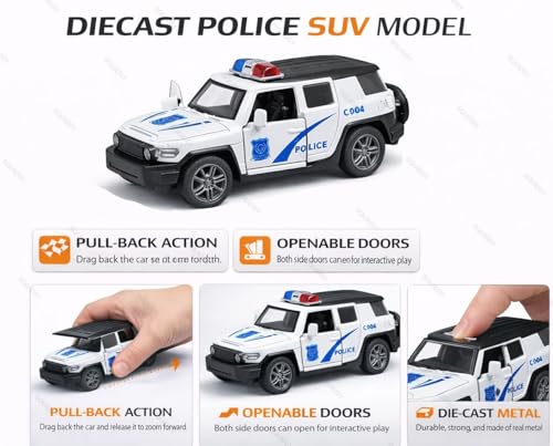 Image of 1:36 Scale Miniature Indian Police Car Model - Die-Cast Metal Pull Back Vehicle with Openable Doors - Alloy Police Toy Car for Kids, Boys & Collectors (White)