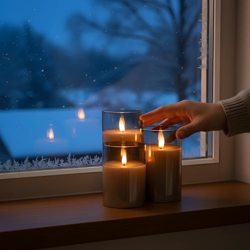Image of Glass Flameless Pillar Candles Flickering with Remote Timer, Battery Operated LED 3D Moving Flame Real Wax Candles,Remote Included (Gray)