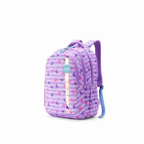 Image of American Tourister Sway | 32 Ltrs | 3 Compartments | Bottle Pocket | Ergonomic Padded Back Panel & Shoulder Straps | School Backpack for Boys & Girls | Butterfly Lavender
