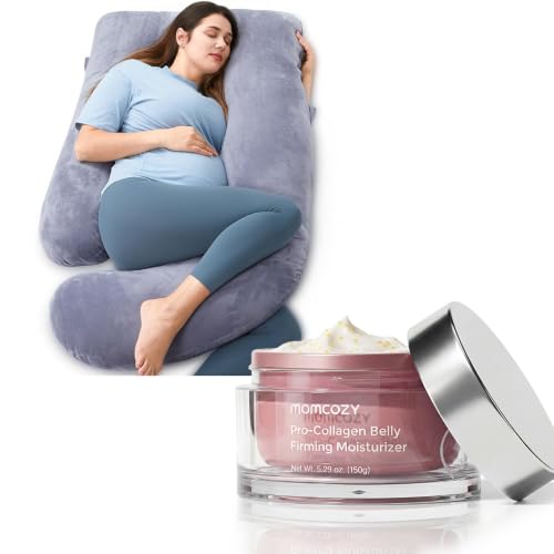 Momcozy Maternity Comfort Bundle: Full Body U-Shaped Pregnancy Pillow & Hydrating Stretch Mark Cream - Total Body Support & Skin Care Set - Essential Pregnancy Registry Gift for Expecting Mothers