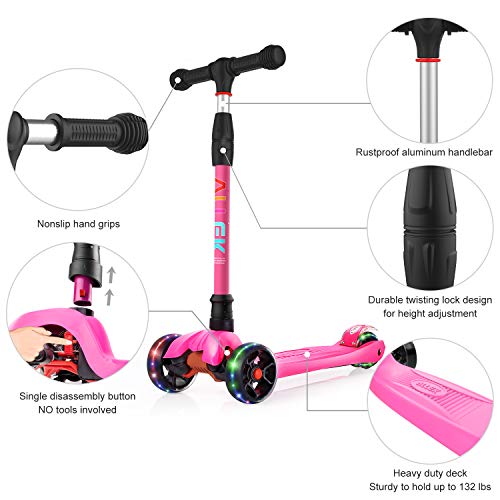 Allek Kick Scooter B02, Lean 'N Glide Scooter With Extra Wide Pu Light-Up Wheels And 4 Adjustable Heights For Children From 3-12Yrs (Rose Pink) #TOP1
