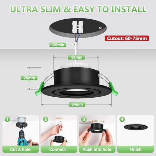 YindaLux 6 sztuk LED reflektor do zabudowy 230 V IP65 ściemniany 2700K / 4000 K / 6000 K reflektor do zabudowy GU10 rama wraz z modułem LED 5 W, matowy czarny reflektor sufitowy okrągły płaski