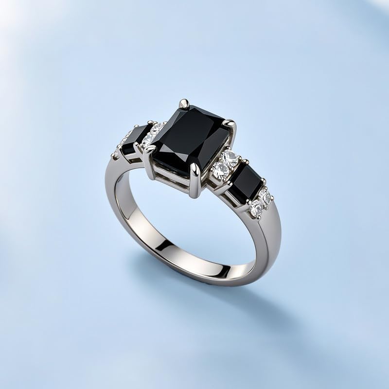 10K 14K 18K Gold Emerald Cut Black Onyx Engagement Ring for Women with Moissanites/Diamonds Natural Black Onyx Promise Ring Size 3-16