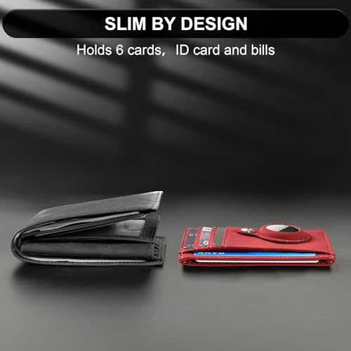 Image of Hawanik Slim Minimalist Front Pocket AirTag Wallet, RFID Blocking Card Holder with AirTag Holder, Red, Minimalist