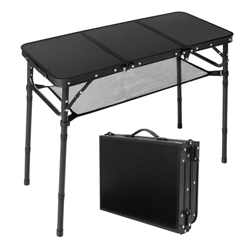 CJPWMT Folding Camping Table with Storage Net,3ft Portable Aluminum Folding Table with 3 Adjustable Height Max 27.3 Inch for Outdoor Backyard BBQ Picnic Cooking Tents Beach Indoor Bedroom（Black）