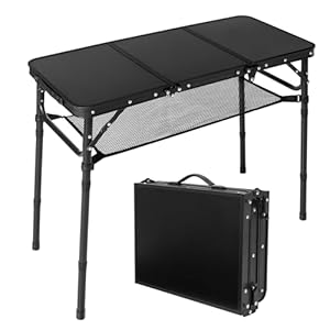 Folding Camping Table with Storage Net,3ft Portable Aluminum Folding Table with 3 Adjustable Height Max 27.3 Inch for Outdoor Backyard BBQ Picnic Cooking Tents Beach Indoor Bedroom（Black）